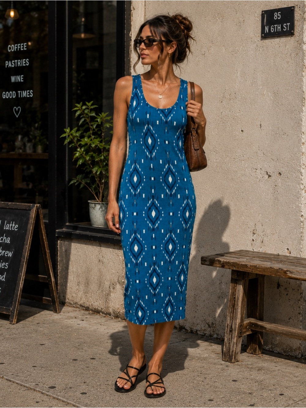 Synergy Organic Cotton Midi Dress Ikat Blue Stretch Knit Tank Boho Southwestern